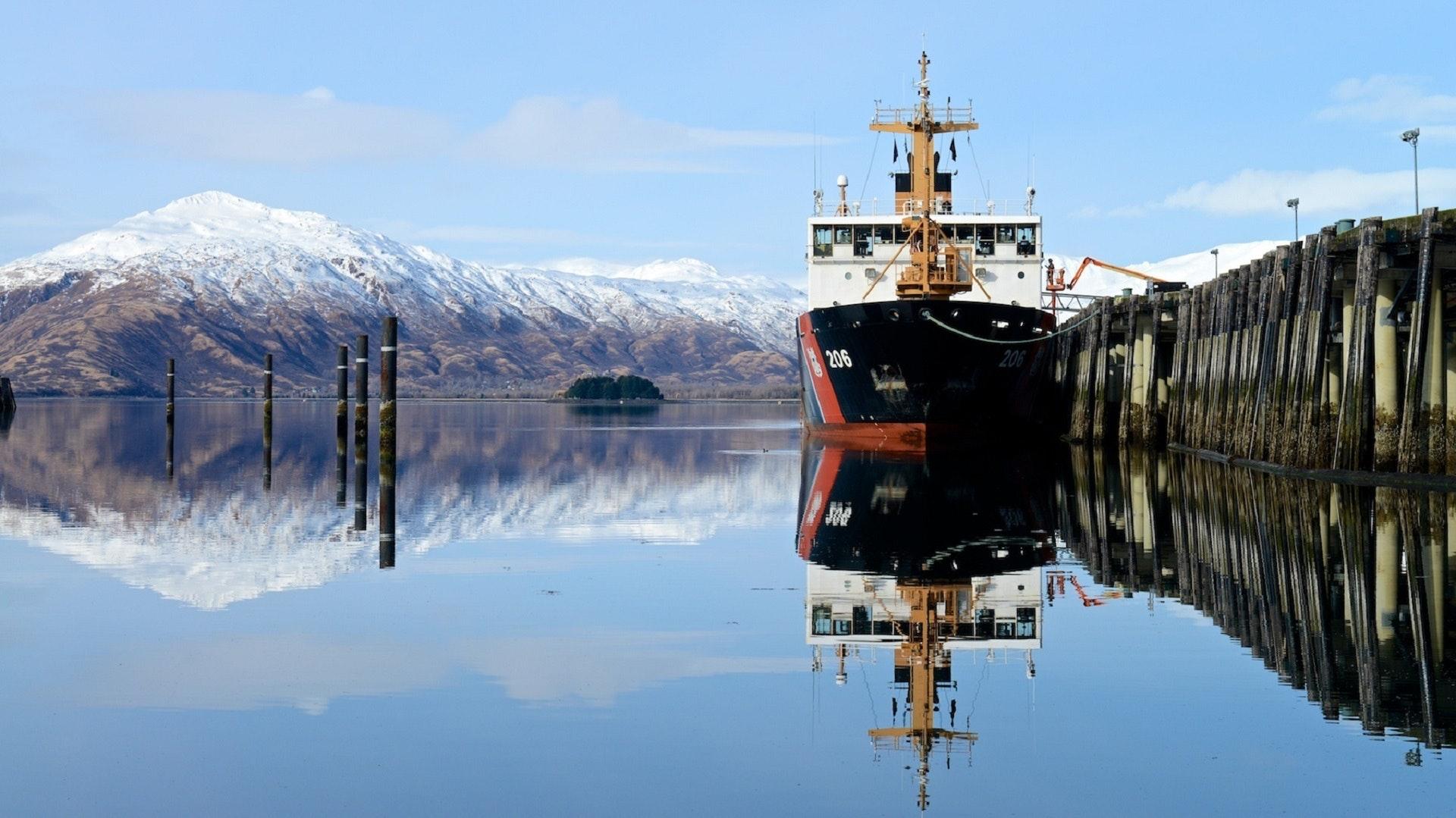 ship in a port in winter