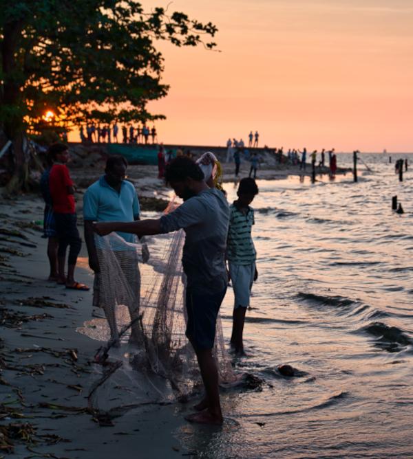 Fishermen on shore with nets